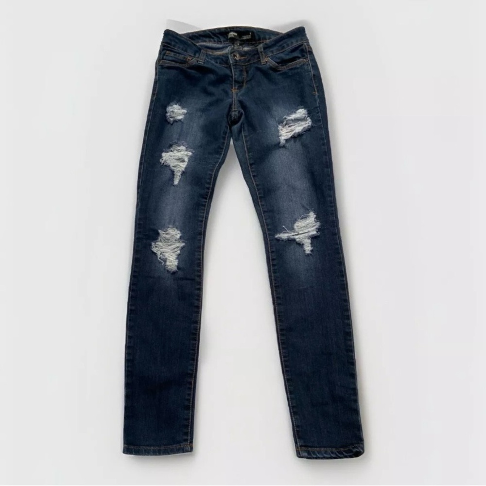 London Skinny Fit Denim Jeans Women's Size 5 Blue Low Rise Distressed 30X30